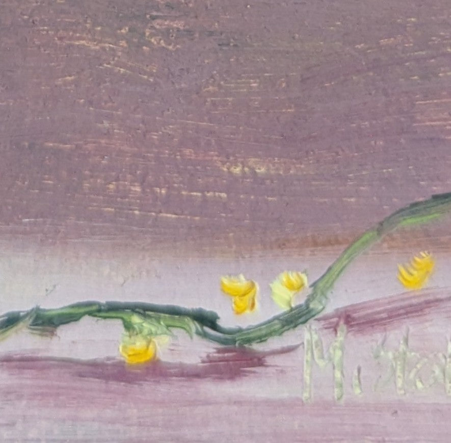 Artistic depiction of a vine with yellow flowers on a textured purple background. Original oil painting of Sparkly Joy, sparkling blue vase with yellow flowers catching the light 