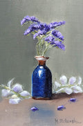 The Forgotten Flowers - original oil painting by Marta Stolarska, purple statice sprigs in a cobalt blue ceramic bottle with gold rim against a sage-green background, painted on handmade linen board, 10 x 15 cm