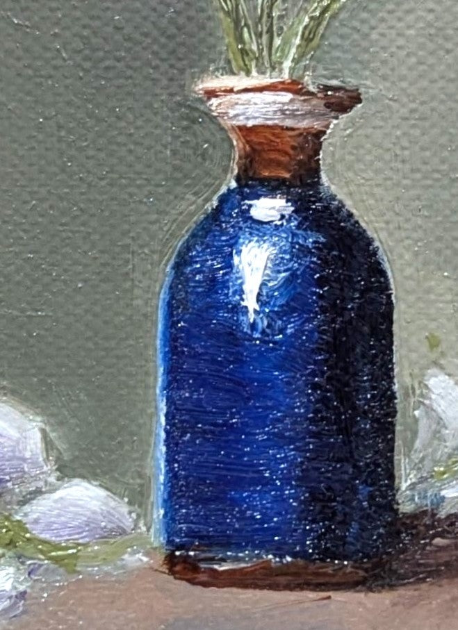 Close-up detail of The Forgotten Flowers - purple statice sprigs and cobalt blue ceramic bottle with gold rim, expressive oil brushwork on handmade linen board by Marta Stolarska