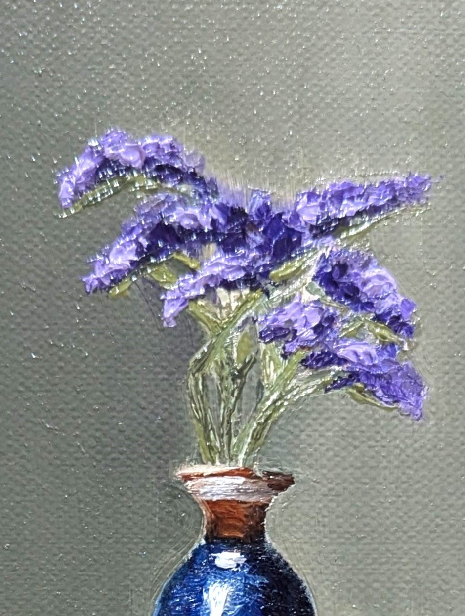 Close-up detail of The Forgotten Flowers - purple statice sprigs and cobalt blue ceramic bottle with gold rim, expressive oil brushwork on handmade linen board by Marta Stolarska