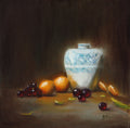 Bouncing Light - original oil still life by Marta Stolarska, large white vase glowing with reflected light, oranges and grapes, painted from life on cradled wooden canvas panel, 30x30cm