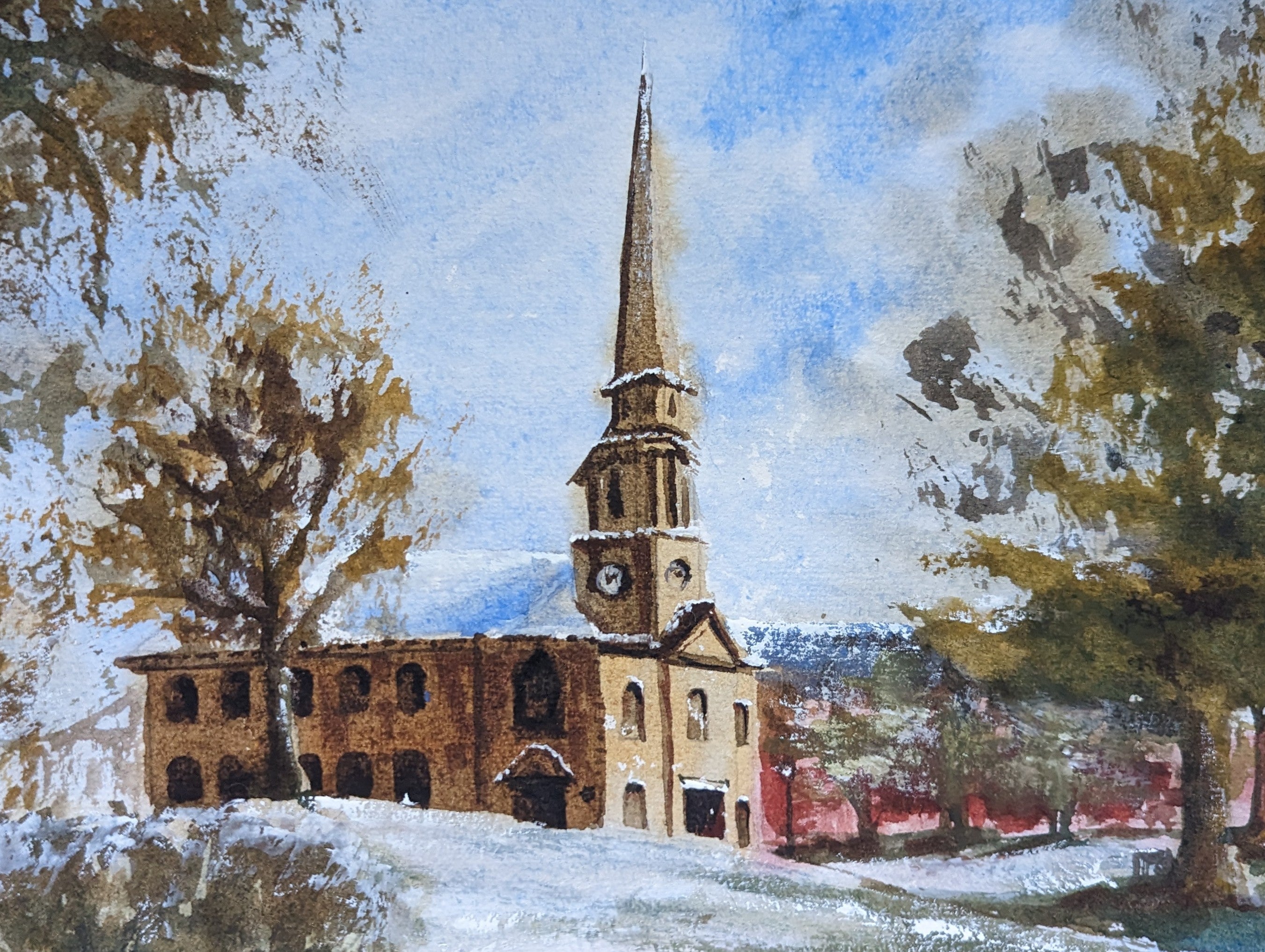 Painting of a church with a tall steeple surrounded by trees and a blue sky. Local artist. Original watercolour painting of St Paul's Church Birmingham Jewellery Quarter on a cold bright winter day