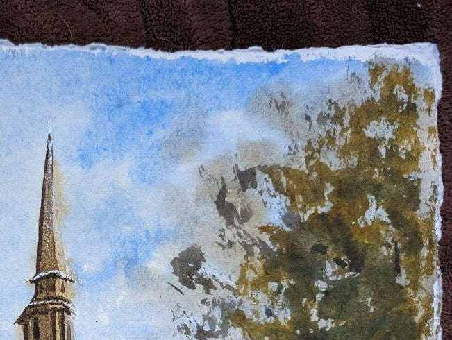 Artistic depiction of a church steeple with a mountainous landscape. Local artist.Original watercolour painting of St Paul's Church Birmingham Jewellery Quarter on a cold bright winter day
