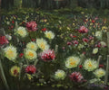 An original oil painting depicting a field of multicoloured dahlia flowers
