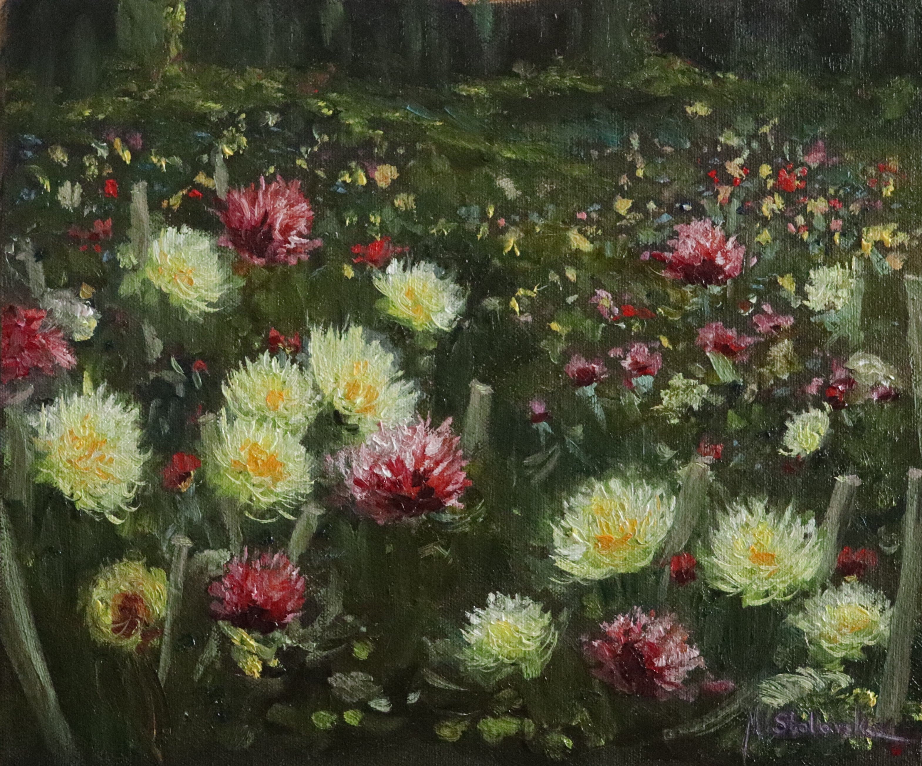 An original oil painting depicting a field of multicoloured dahlia flowers