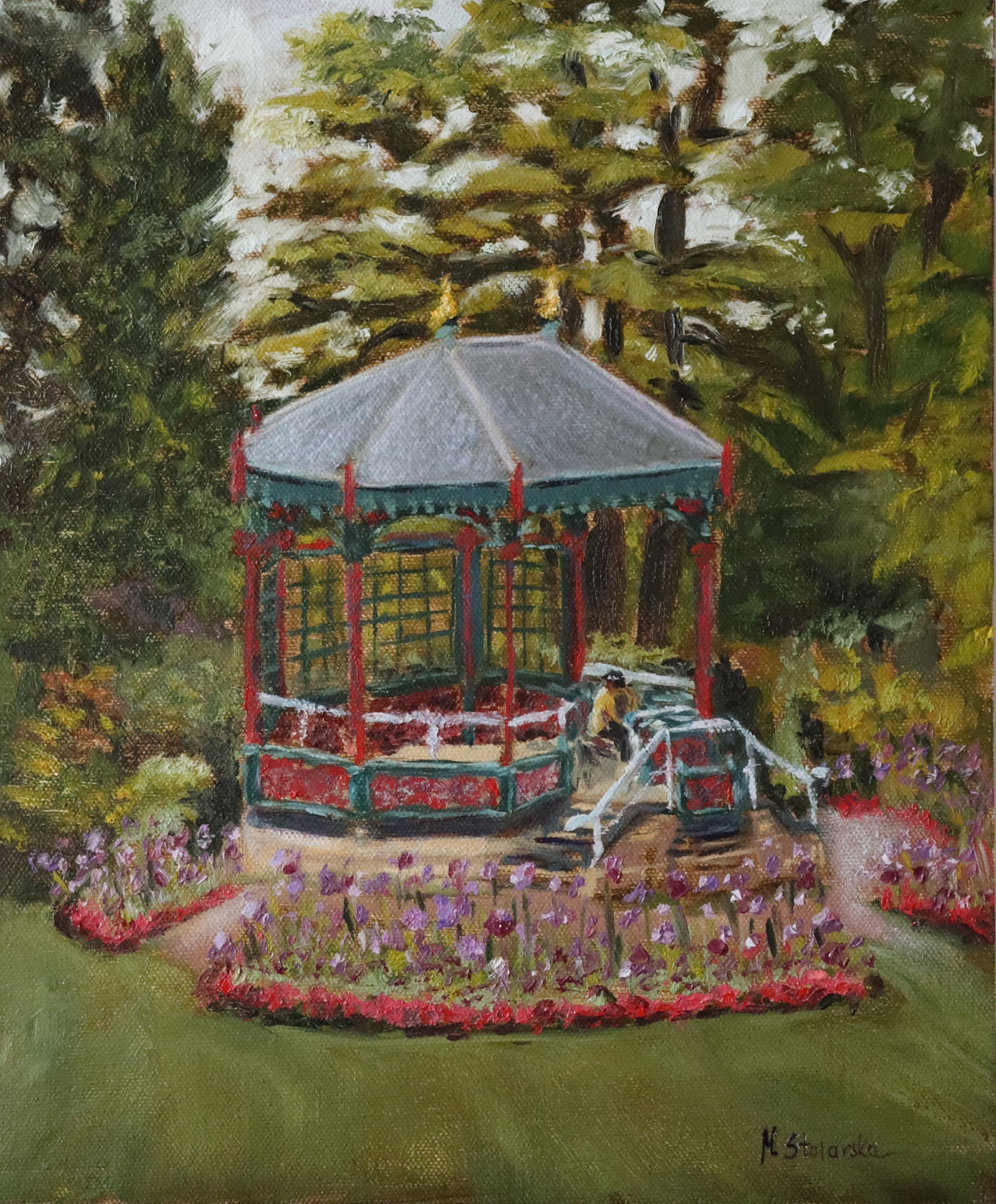 Original oil painting done on location ( alla prima en plain air) at Birmingham Botanical Gardens. Depicts the band stand and a drawing artist with flowers and tress around