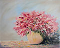 Cotton Candy - original oil painting by Marta Stolarska, mass of small pink flowers with glazed colourful vase on light blue background, in white floating frame, 44.5x54.5cm