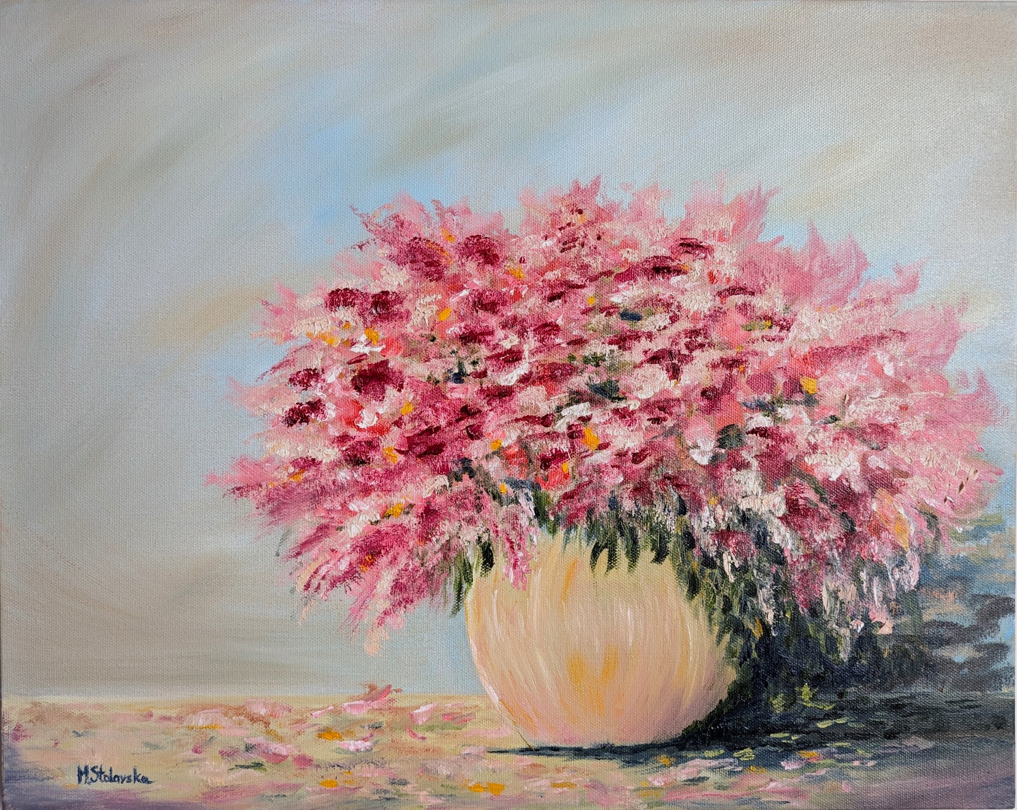Cotton Candy - original oil painting by Marta Stolarska, mass of small pink flowers with glazed colourful vase on light blue background, in white floating frame, 44.5x54.5cm