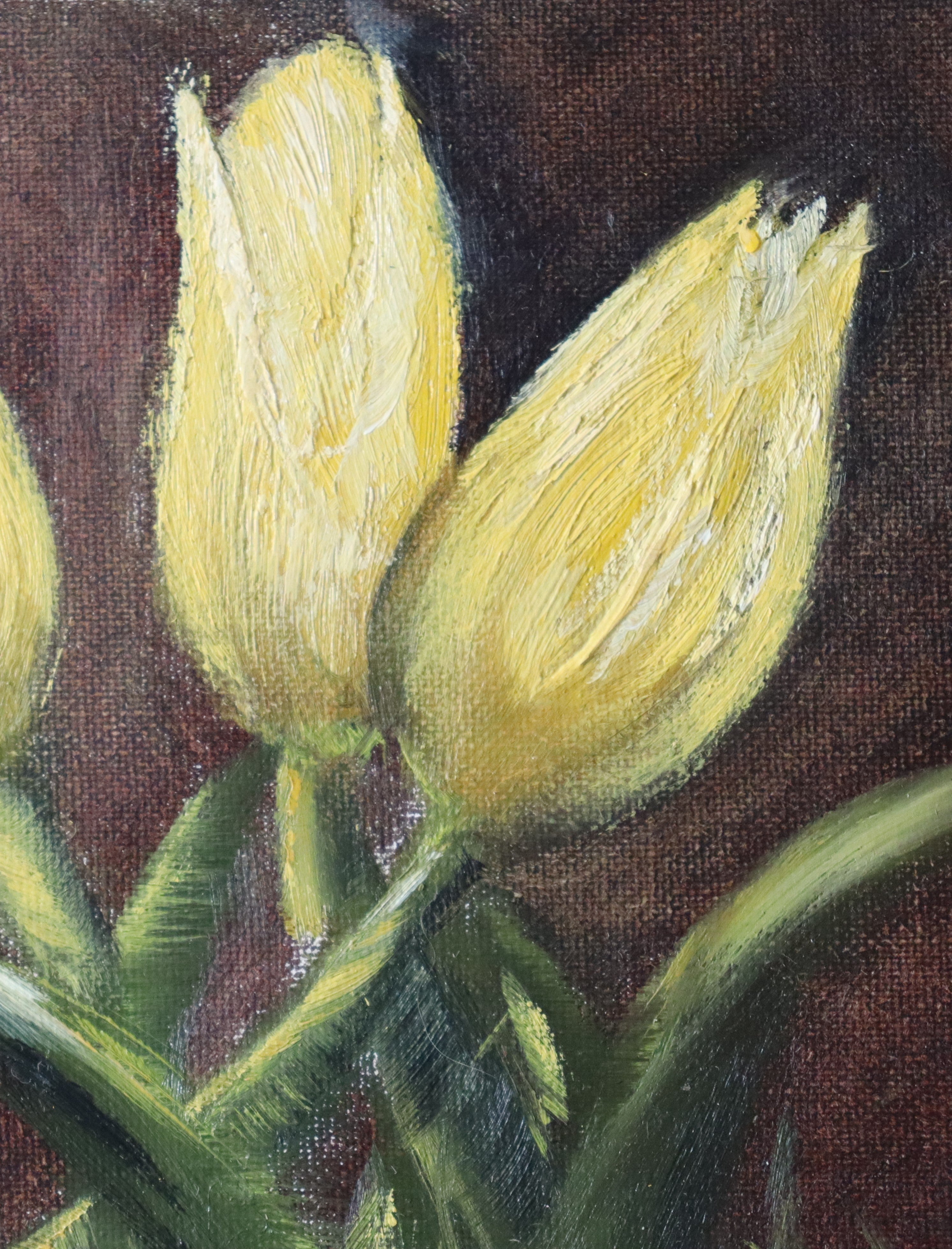 Close-up detail of Yellow Tulips Trio - yellow tulip buds leaning into the light, expressive oil brushwork on handmade linen board by Marta Stolarska