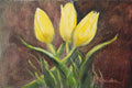 Yellow Tulips Trio - original oil painting by Marta Stolarska, three yellow tulips rising against a warm dark brown background, painted on handmade linen board, 10 x 15 cm, Fox Yard Gallery exhibition