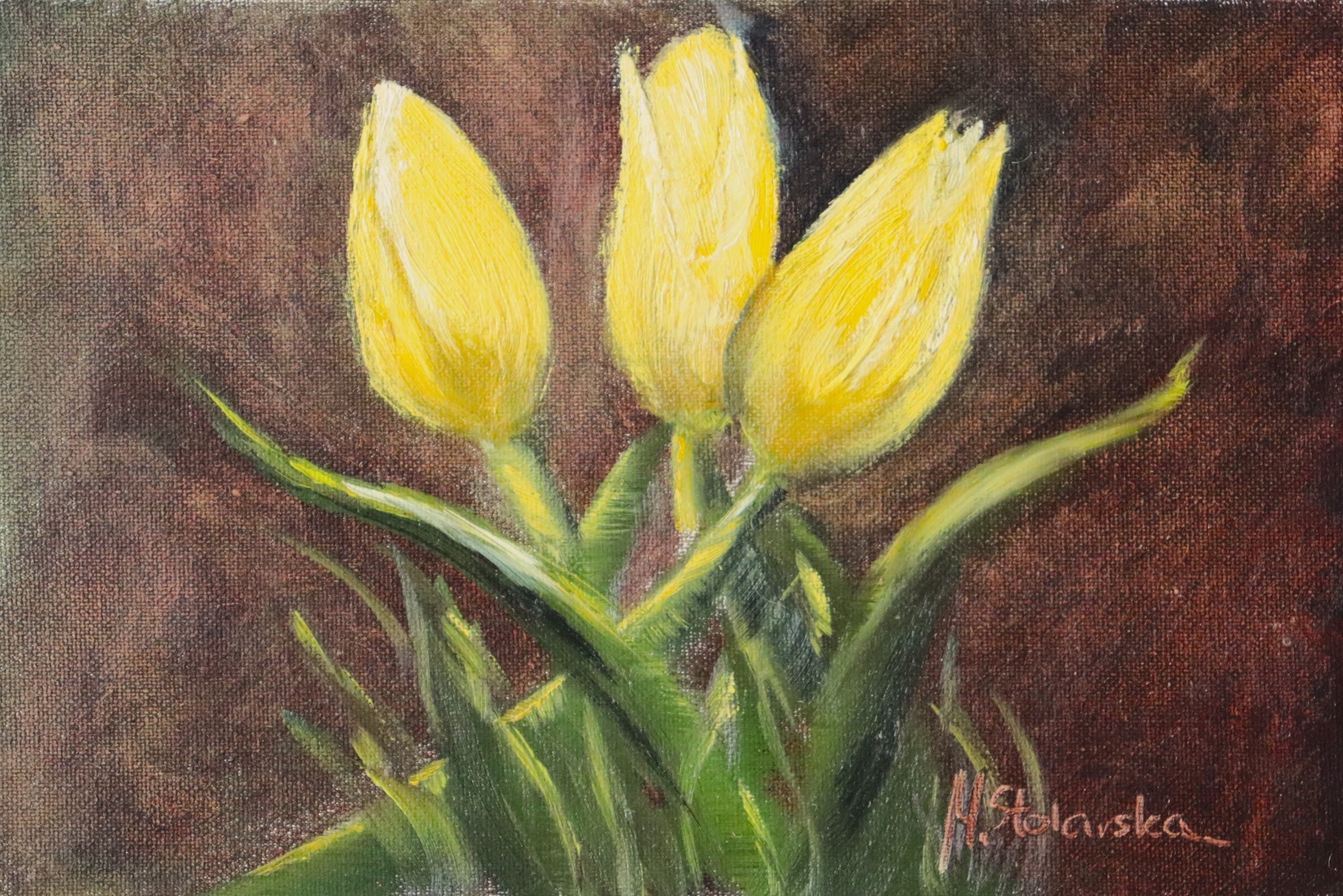 Yellow Tulips Trio - original oil painting by Marta Stolarska, three yellow tulips rising against a warm dark brown background, painted on handmade linen board, 10 x 15 cm, Fox Yard Gallery exhibition
