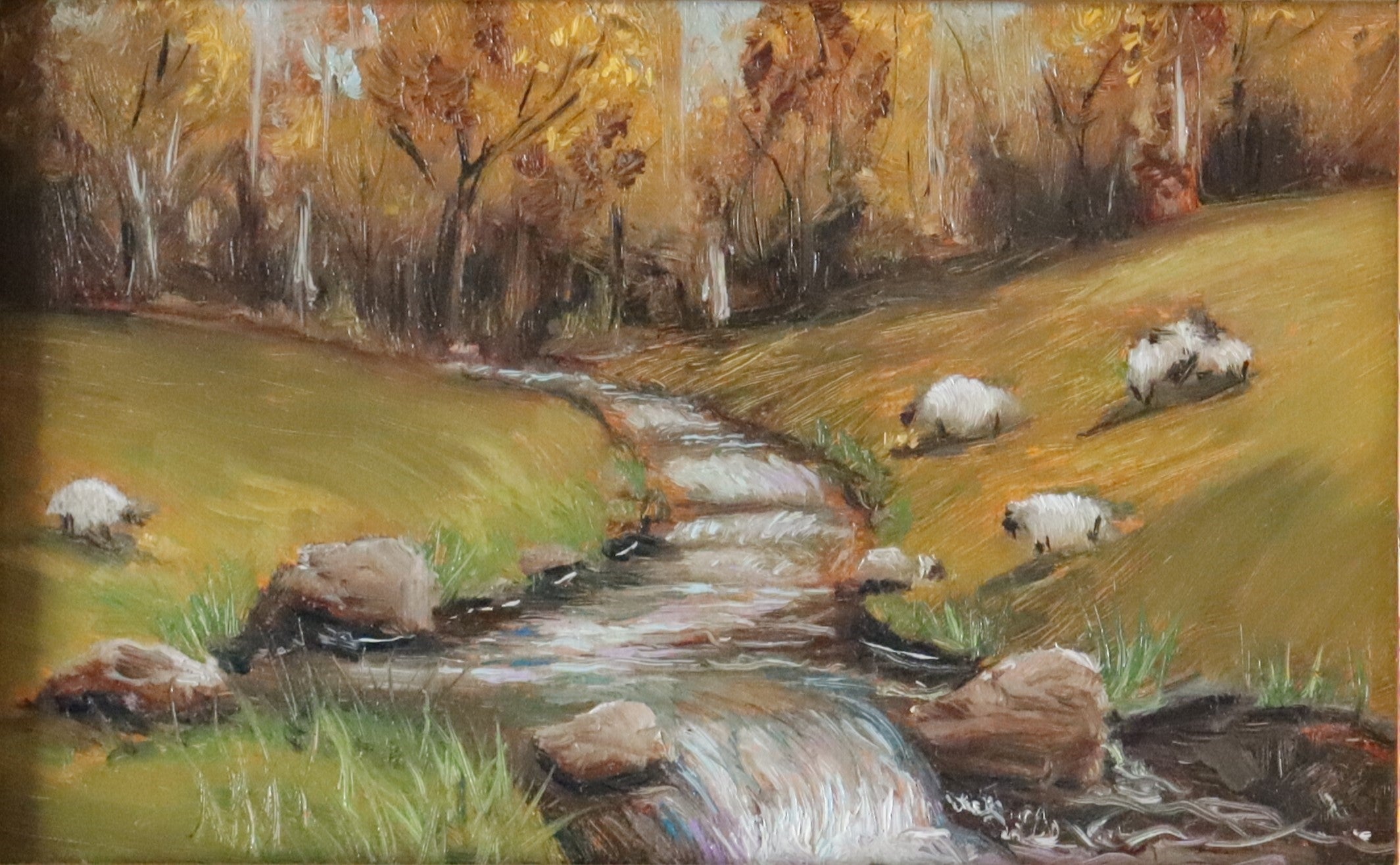 Original oil Painting of a landscape with sheep, trees, and a stream and beautiful autumnal colours and trees. Water has a multitude of pastel colour twinkling gently.