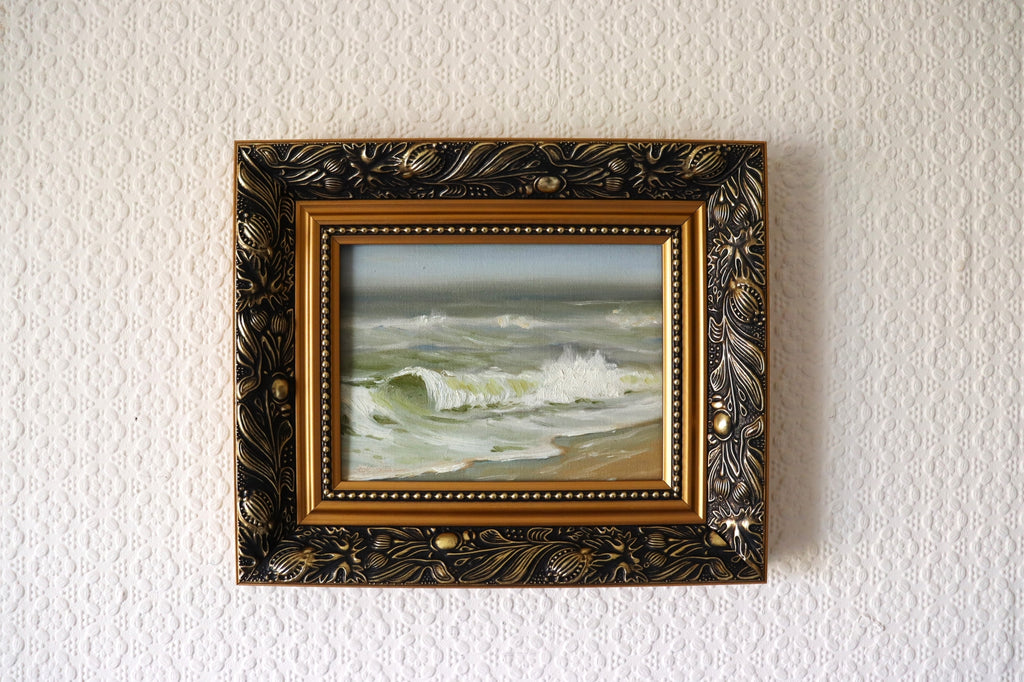 Strong Waves at Gunton Beach - original oil painting in a golden frame, ready to hang. Wild Suffolk seascape with crashing waves in early spring light. 8 x 6 inches by Marta Stolarska Fine Art.