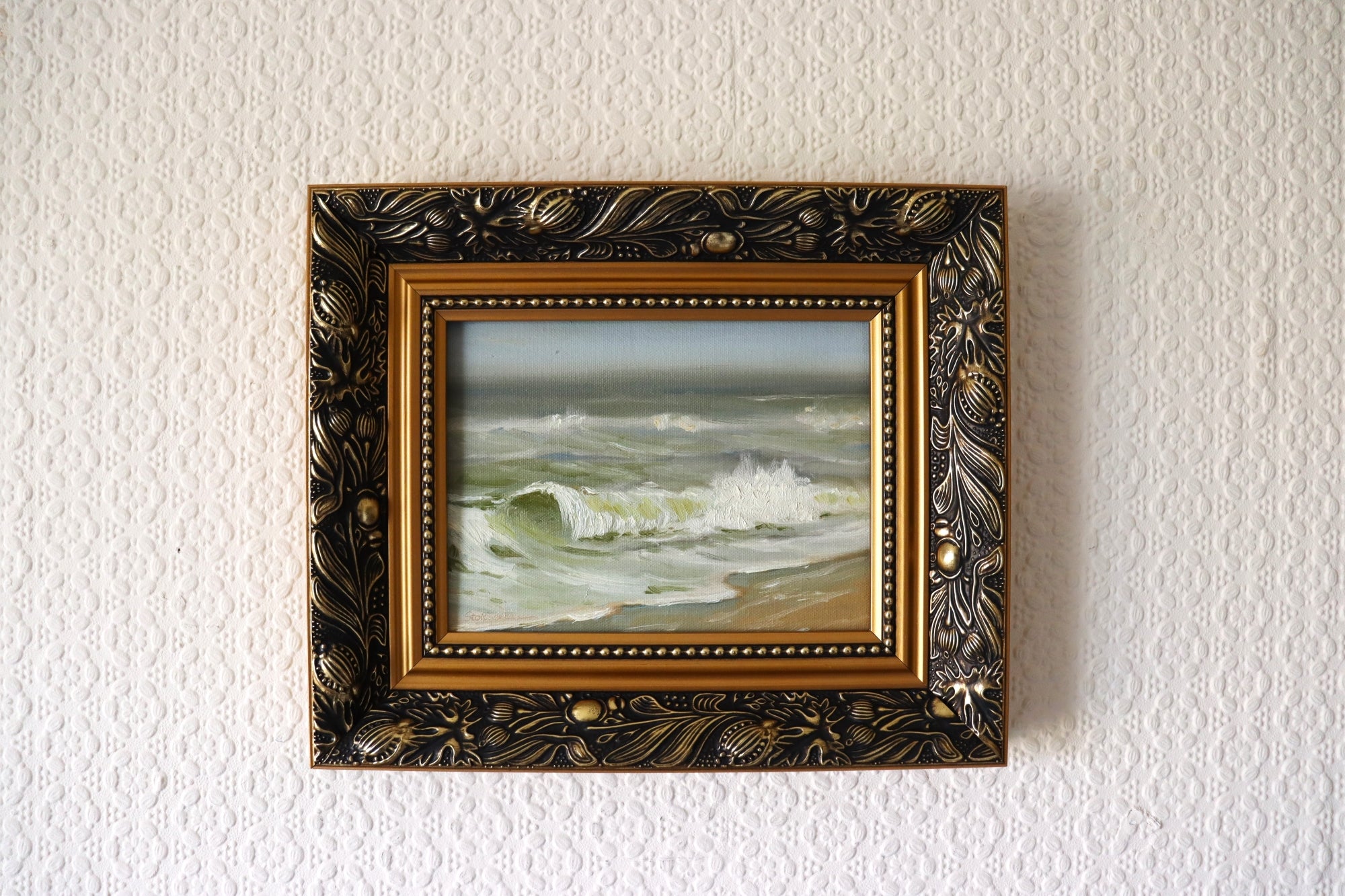 Strong Waves at Gunton Beach - original oil painting in a golden frame, ready to hang. Wild Suffolk seascape with crashing waves in early spring light. 8 x 6 inches by Marta Stolarska Fine Art.