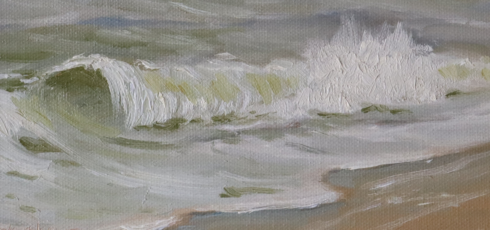 Close-up detail of Strong Waves at Gunton Beach original oil painting, showing the texture and energy of breaking waves painted in oil on handmade canvas board by Marta Stolarska.