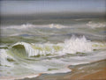 Strong Waves at Gunton Beach - original oil painting of powerful breaking waves on a cold early spring morning on the Suffolk coast. Oil on handmade canvas board, 8 x 6 inches, by Marta Stolarska.