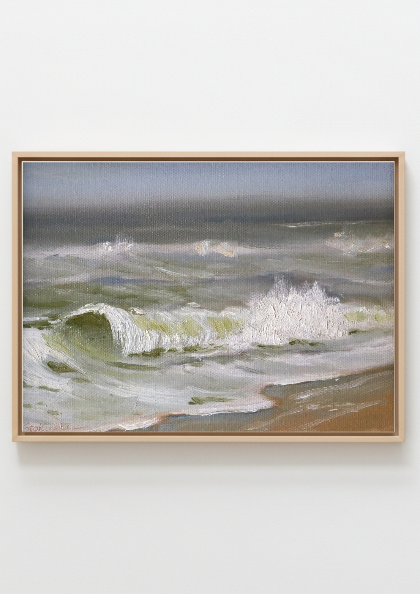 Strong Waves at Gunton Beach - original oil painting of powerful breaking waves on a cold early spring morning on the Suffolk coast. Oil on handmade canvas board, 8 x 6 inches, by Marta Stolarska.