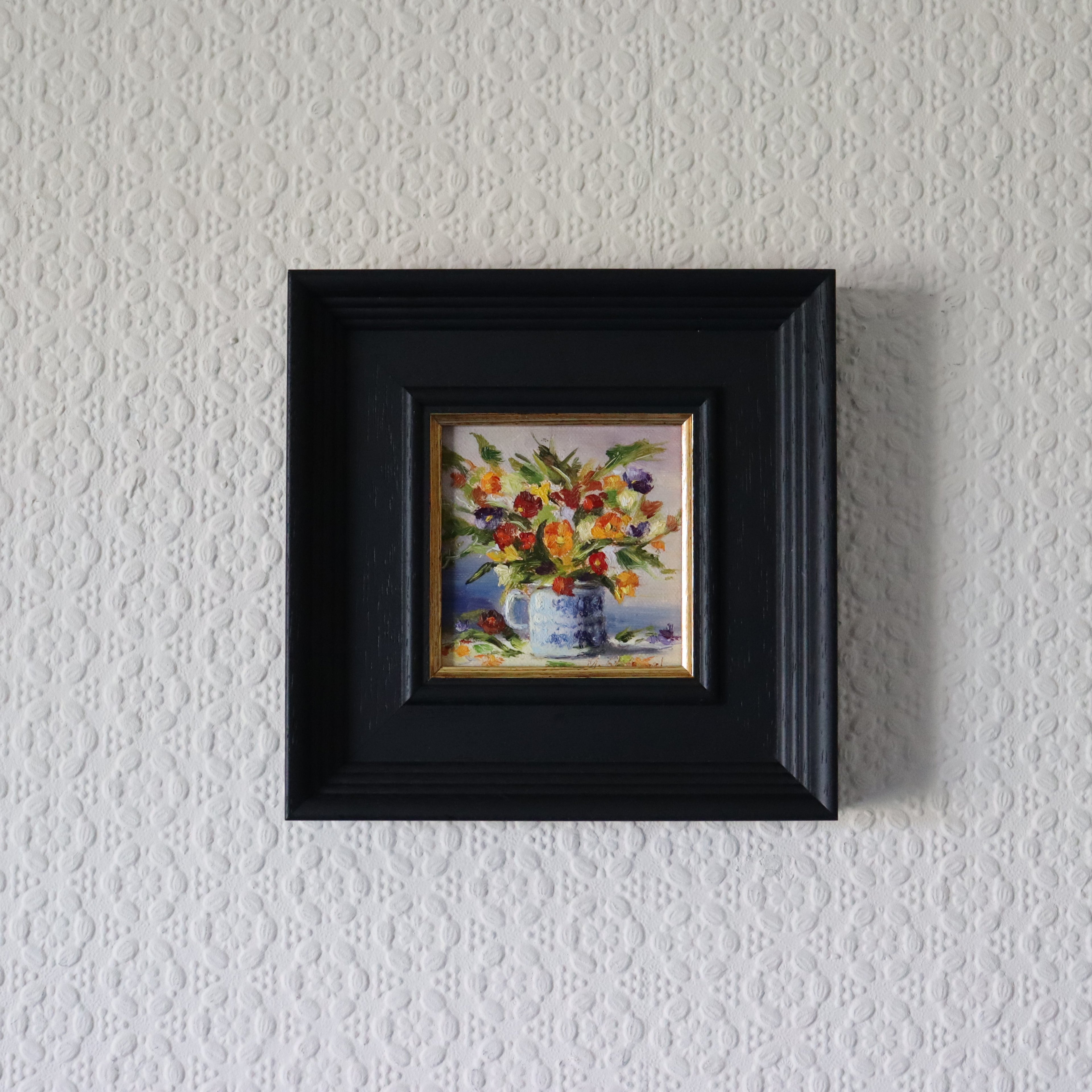 Framed Original oil painting of Summer's Joy, bright cheerful floral still life in warm summer colours