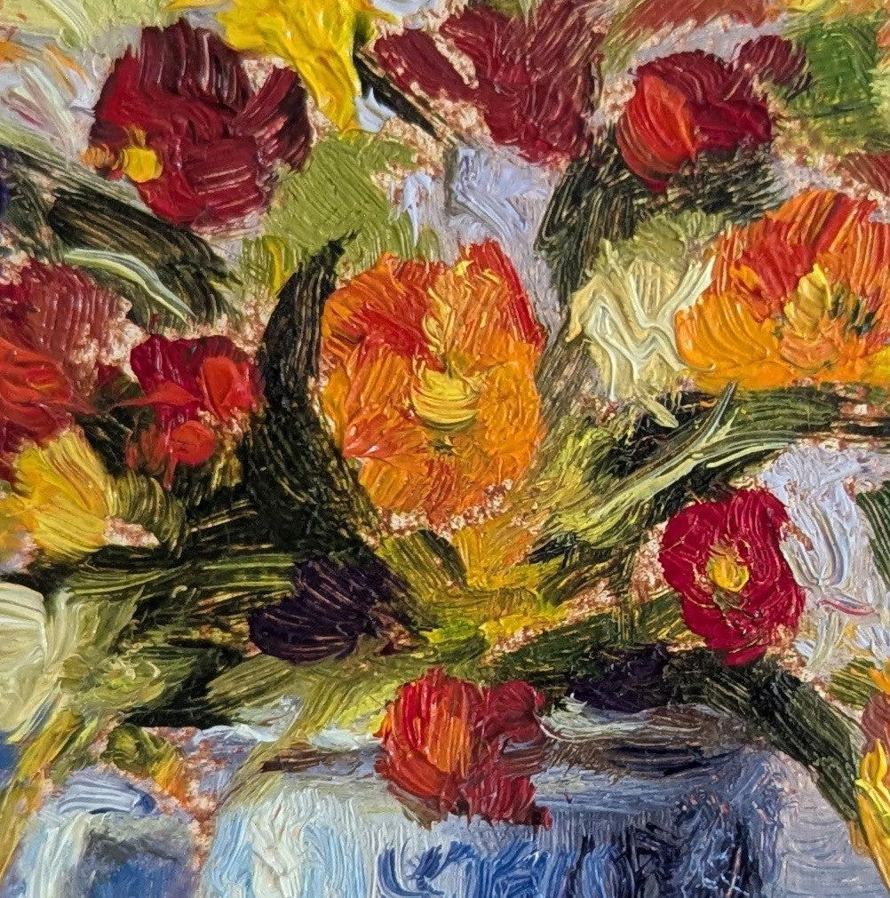 Colorful floral painting with textured brushstrokes. Original oil painting of Summer's Joy, bright cheerful floral still life in warm summer colours