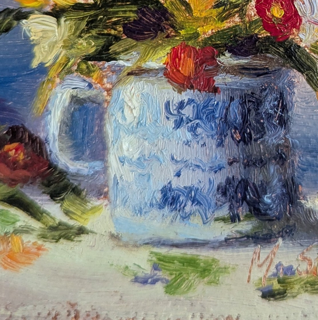 Close-up of a blue and white ceramic vase with flowers in a painting style. Original oil painting of Summer's Joy, bright cheerful floral still life in warm summer colours