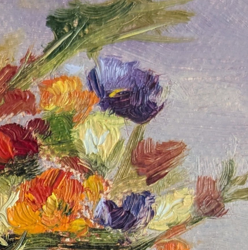 Colorful floral painting with textured brushstrokes on a light background Original oil painting of Summer's Joy, bright cheerful floral still life in warm summer colours