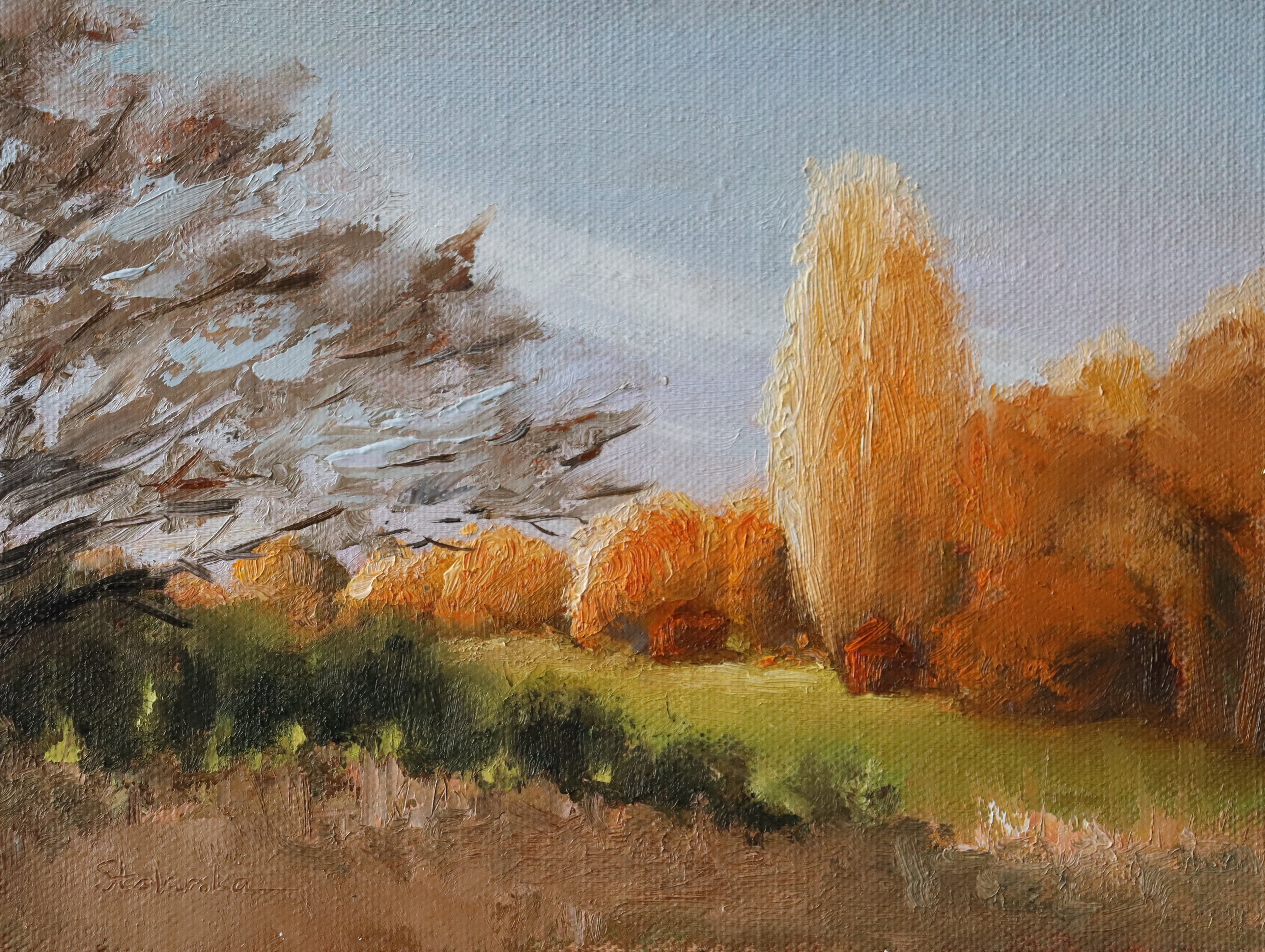 Local artist. Original oil painting of sunset at the stables, trees and golden evening light, Suffolk landscape
