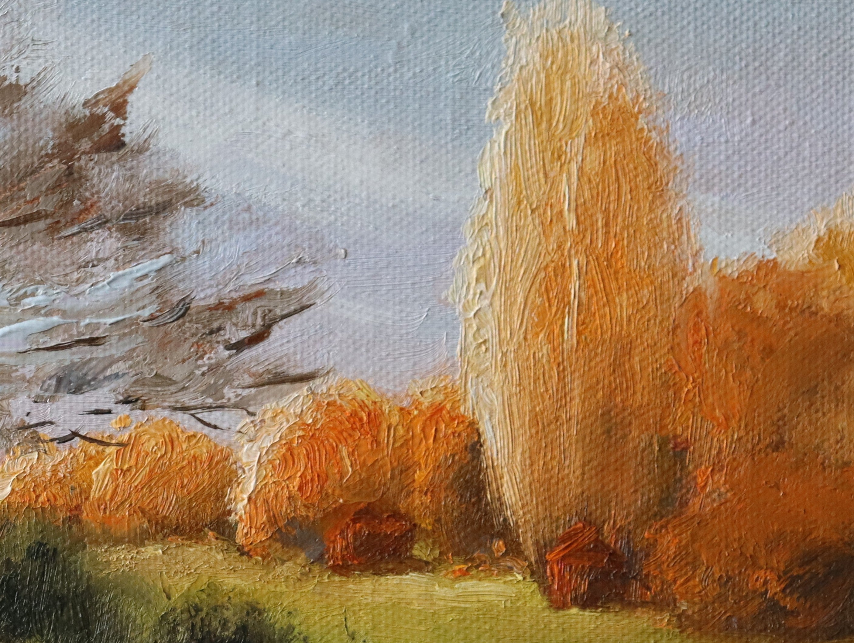 Local artist. Original oil painting of sunset at the stables, trees and golden evening light, Suffolk landscape