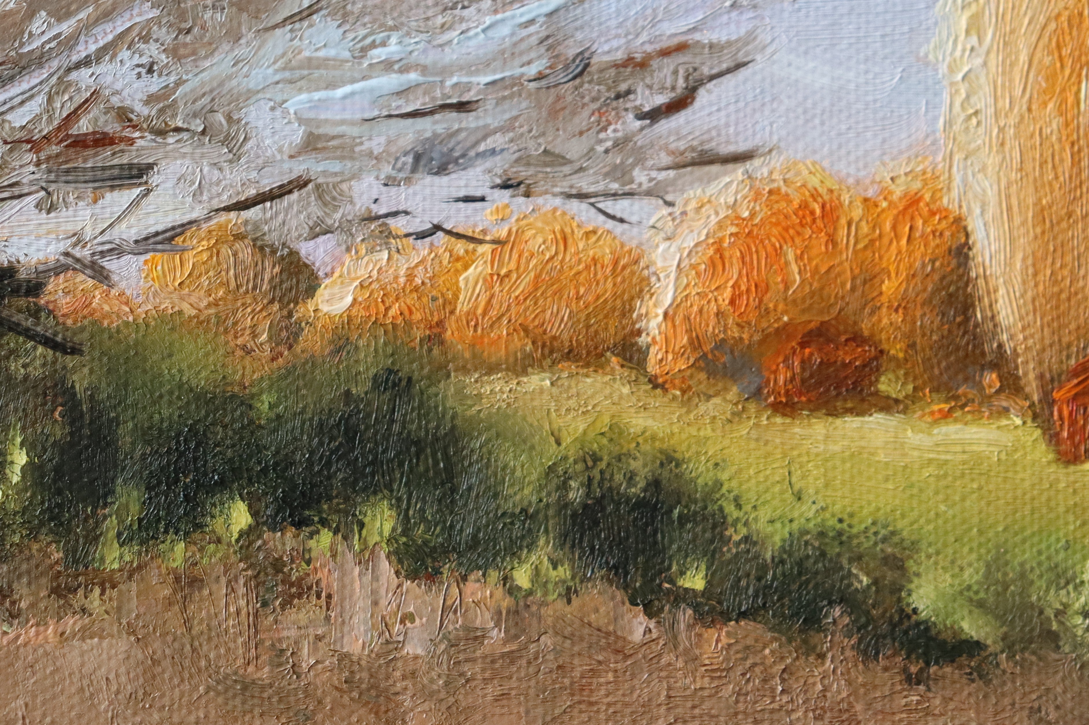 Local artist. Original oil painting of sunset at the stables, trees and golden evening light, Suffolk landscape