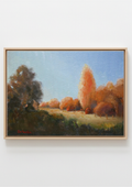 A framed landscape painting featuring a bright blue sky, a grassy field, and trees with warm orange and brown foliage, hung on a plain white wall. Local artist. Original oil painting of sunset at the stables, trees and golden evening light, Suffolk landscape