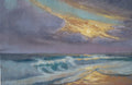Original oil painting of sunset at the sea, golden wet sand reflecting setting sun with light shining through rising waves