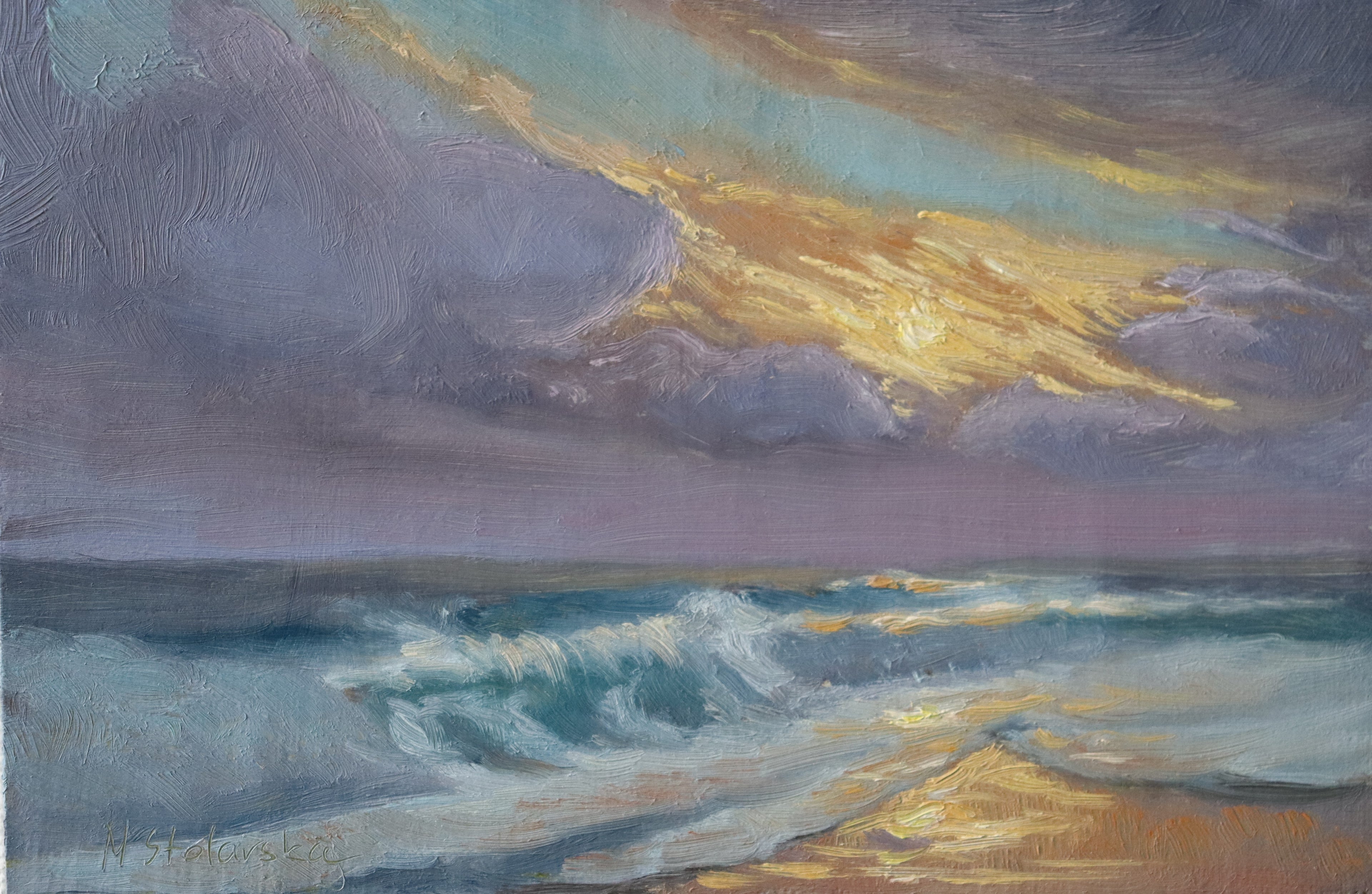 Original oil painting of sunset at the sea, golden wet sand reflecting setting sun with light shining through rising waves