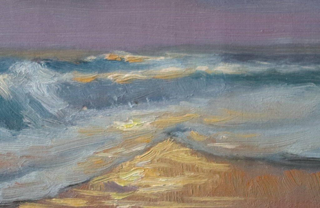 Artistic depiction of a landscape with purple sky and textured earth tones.Original oil painting of sunset at the sea, golden wet sand reflecting setting sun with light shining through rising waves