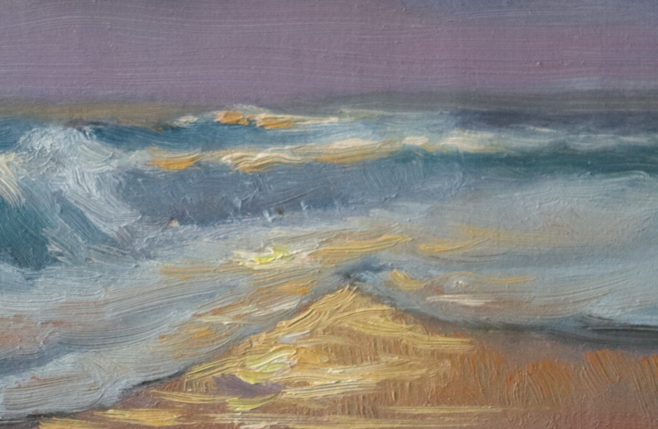 Artistic depiction of a landscape with purple sky and textured earth tones.Original oil painting of sunset at the sea, golden wet sand reflecting setting sun with light shining through rising waves