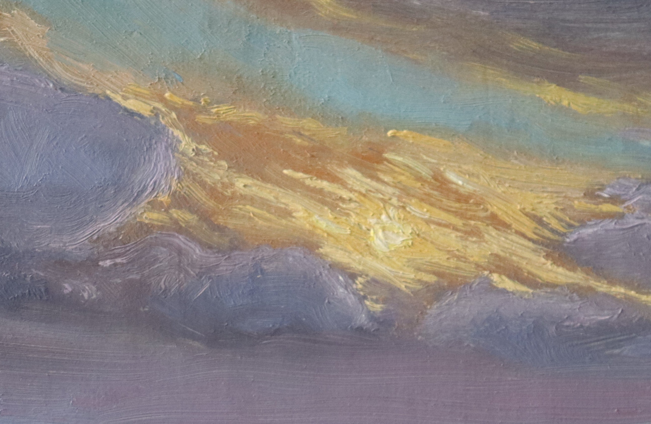 Original oil painting of sunset at the sea, golden wet sand reflecting setting sun with light shining through rising waves