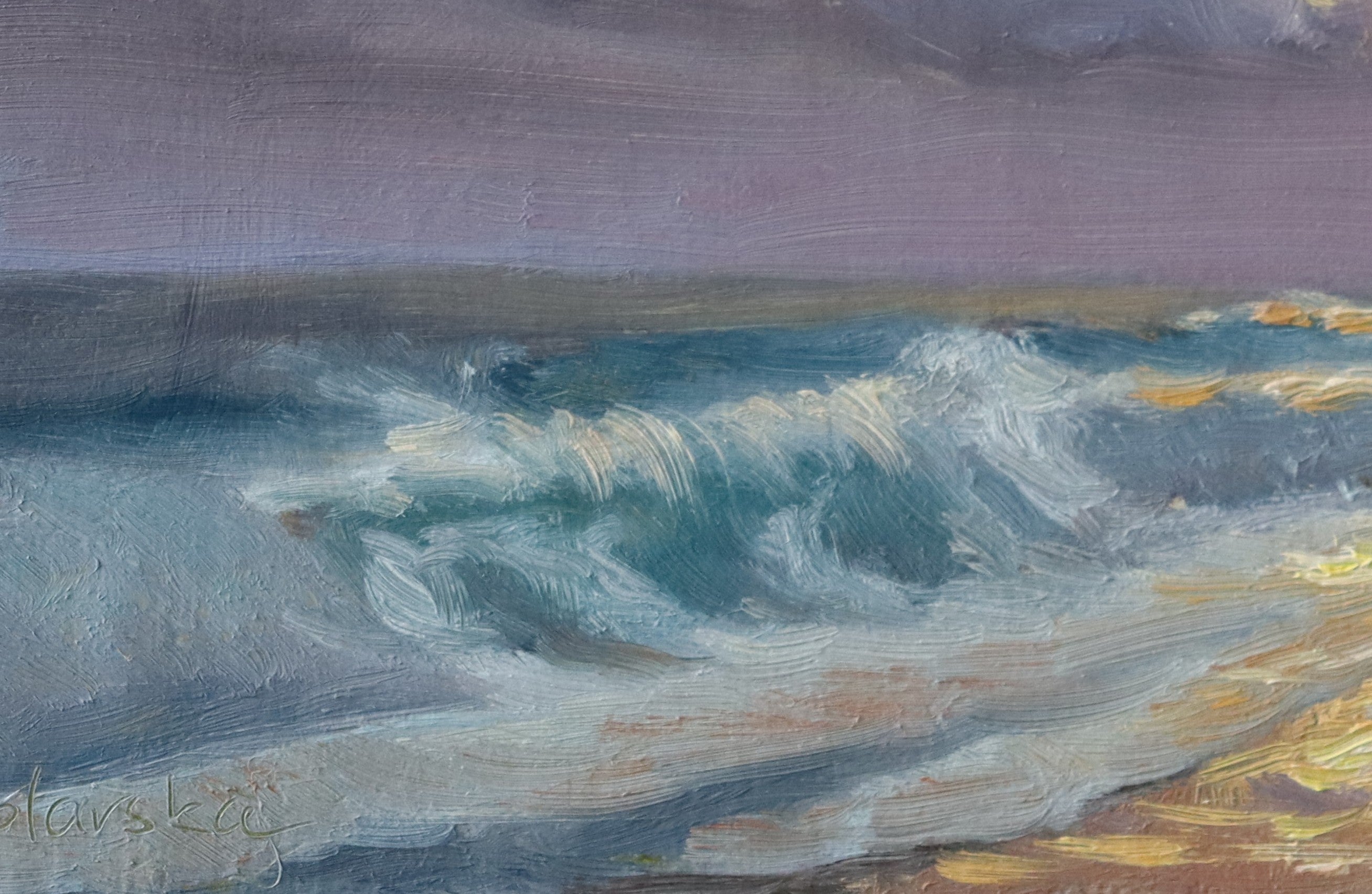Artistic depiction of a wave with a blurred background. Original oil painting of sunset at the sea, golden wet sand reflecting setting sun with light shining through rising waves