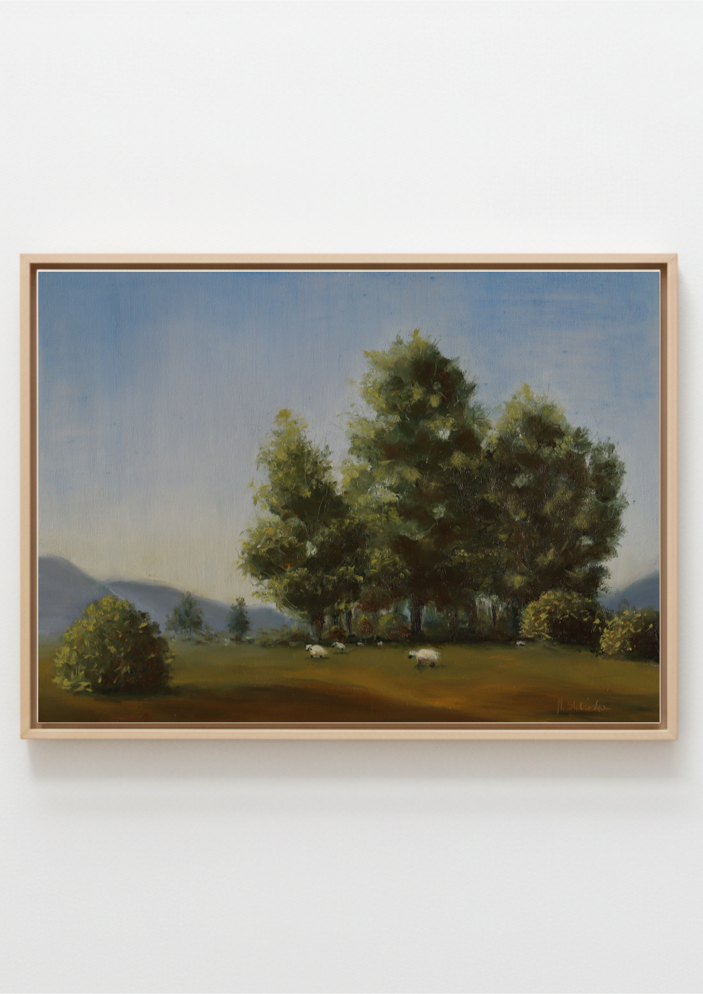 Painting by a local artist. Original oil painting of tall trees and sheep in Suffolk landscape, painted on a dog walk, golden frame