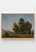 Painting by a local artist. Original oil painting of tall trees and sheep in Suffolk landscape, painted on a dog walk, golden frame