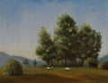 Painting by a local artist. Original oil painting of tall trees and sheep in Suffolk landscape, painted on a dog walk, golden frame