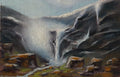 Painting of a waterfall cascading down rocky cliffs with a mountainous background. Original oil painting of an icy waterfall with mist and spray, dramatic winter landscape, black frame with gold bevel