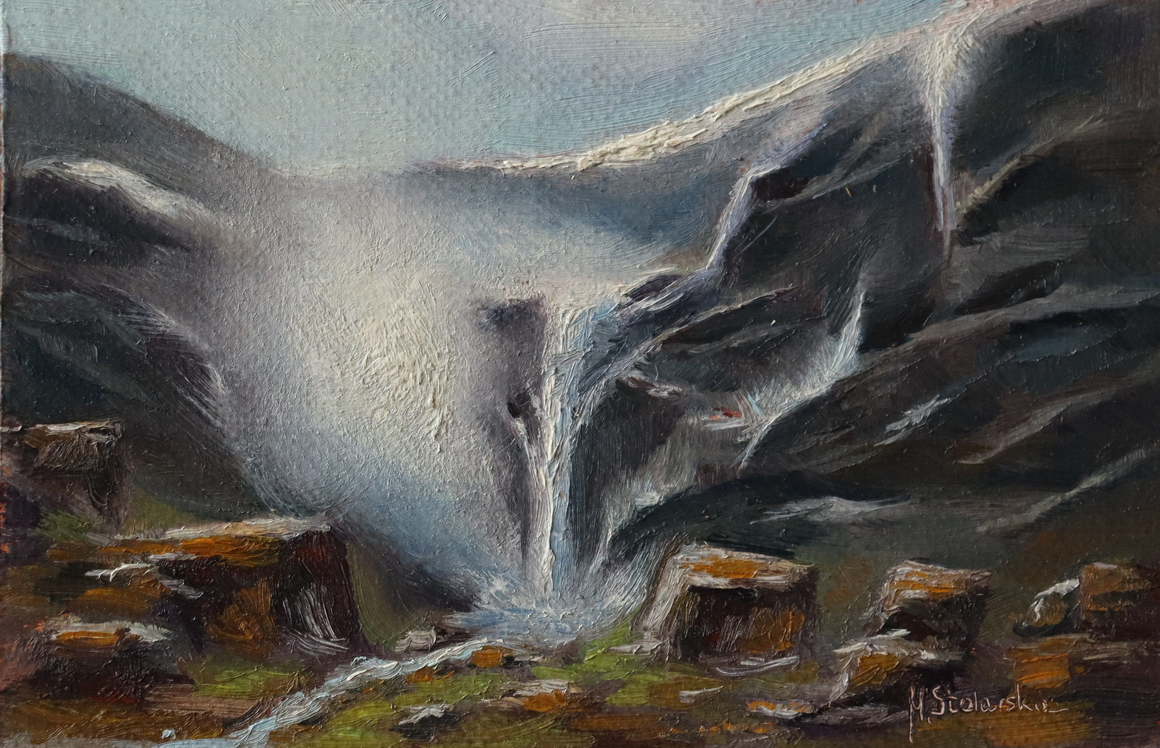 Painting of a waterfall cascading down rocky cliffs with a mountainous background. Original oil painting of an icy waterfall with mist and spray, dramatic winter landscape, black frame with gold bevel