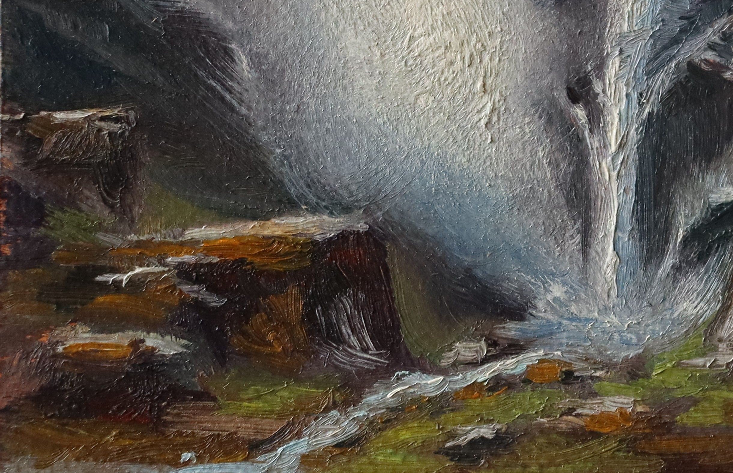 Painting of a mountain landscape with a stream and rocky terrain. Original oil painting of an icy waterfall with mist and spray, dramatic winter landscape, black frame with gold bevel