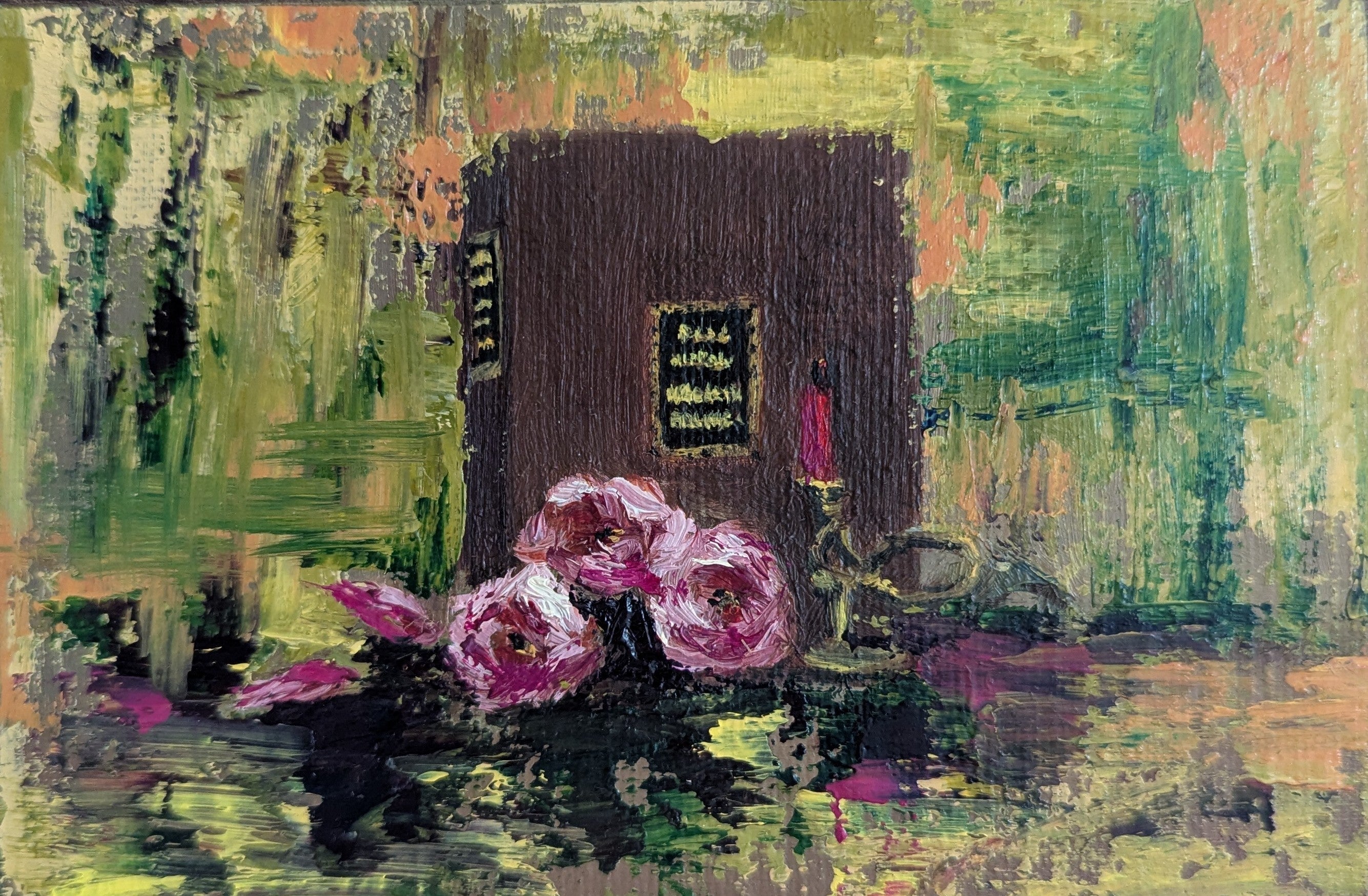 Still life painting with pink flowers and a candle on a reflective surface. Original painting The Book of Spells, mysterious atmospheric artwork by Marta Stolarska Fine Art 