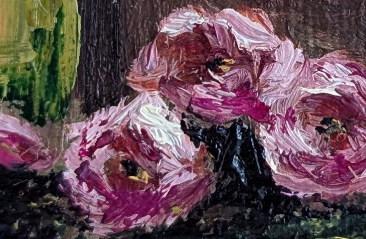 Close-up of pink flowers with a dark background. Still life painting with pink flowers and a candle on a reflective surface. Original painting The Book of Spells, mysterious atmospheric artwork by Marta Stolarska Fine Art 