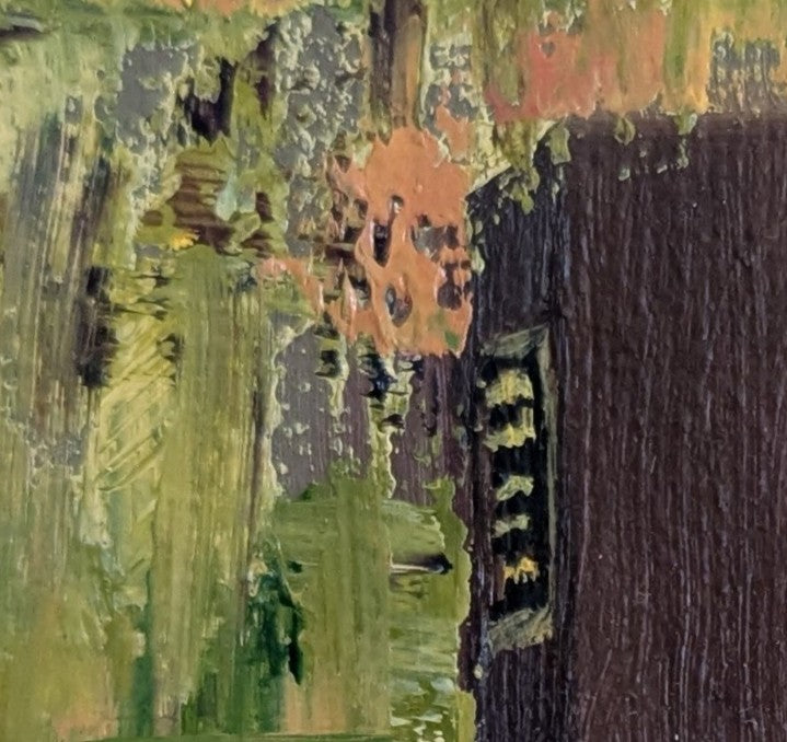 Close-up of a textured painting with green, brown, and black colors. Still life painting with pink flowers and a candle on a reflective surface. Original painting The Book of Spells, mysterious atmospheric artwork by Marta Stolarska Fine Art 
