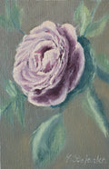 The Cottage Rose - original oil painting by Marta Stolarska, a full-petalled purple-mauve ranunculus rose against a sage green background, painted on handmade linen board, 10 x 15 cm
