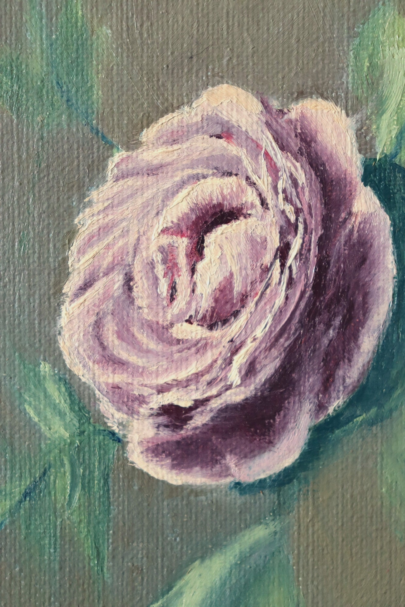 Close-up detail of The Cottage Rose - soft purple-mauve petals of a ranunculus rose, layered oil brushwork on handmade linen board by Marta Stolarska