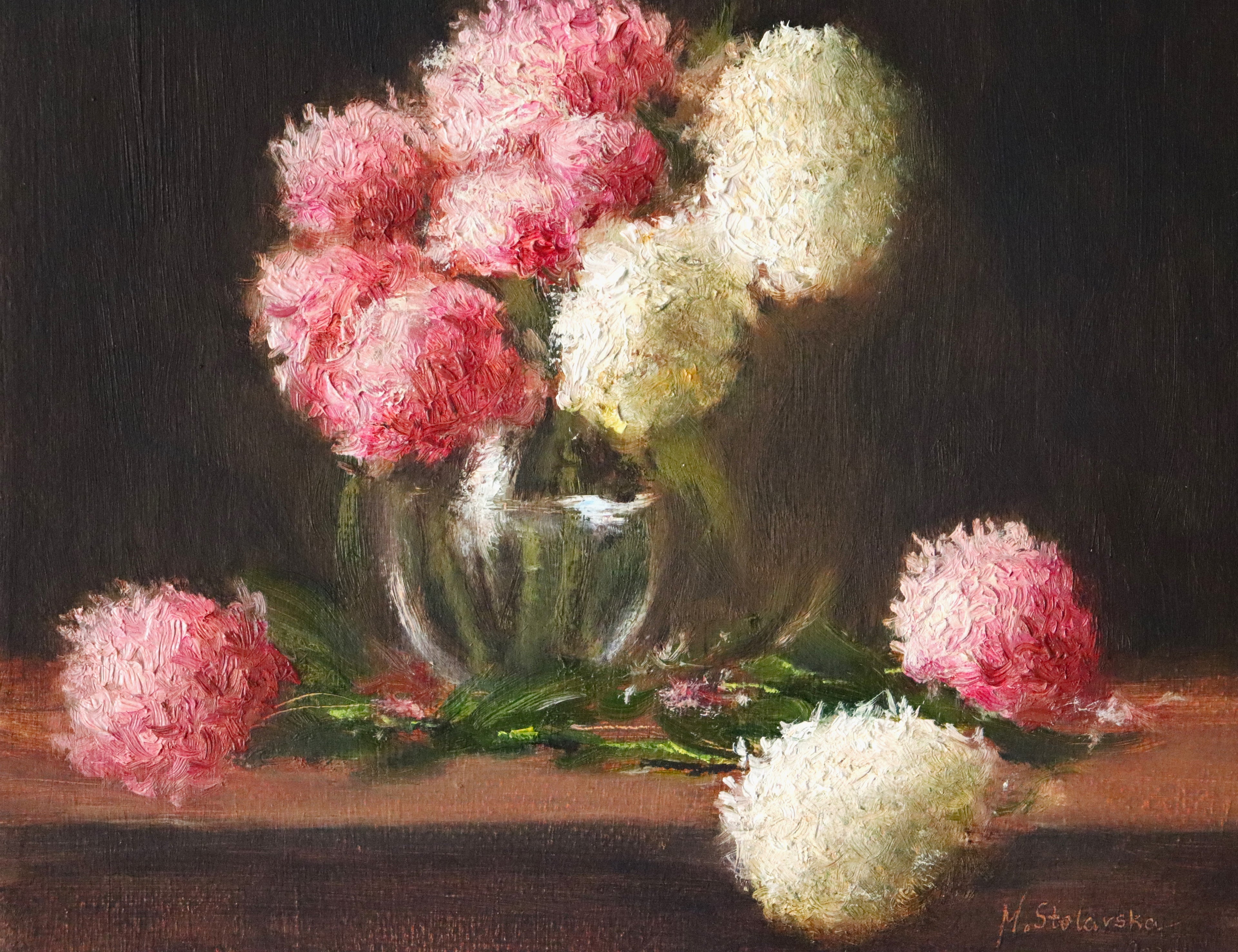 Close-up detail of The Delicate Garden Hydrangeas - pink and white hydrangea florets in oil, showing delicate brushwork and texture by Marta Stolarska