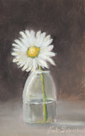 The Garden Daisy - original oil painting by Marta Stolarska, a single white daisy in a small glass vase against a dark background, painted from life on handmade linen board, 10 x 15 cm