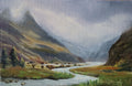 Original oil painting of misty mountains landscape, atmospheric mountain scene in soft mist and cloud