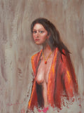 The Interrupted Moment - original oil figure painting by Marta Stolarska, dark-haired woman in slightly open red robe turning to look back at viewer, oil on canvas board, gold frame 25.5x30.5cm